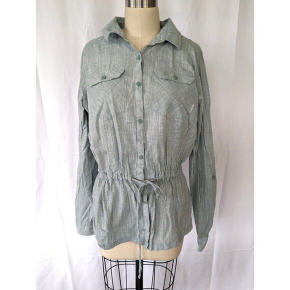 Columbia Button Front Shirt Womens Size Large Roll Tab Green Woven Hiking Woven - Picture 1 of 7